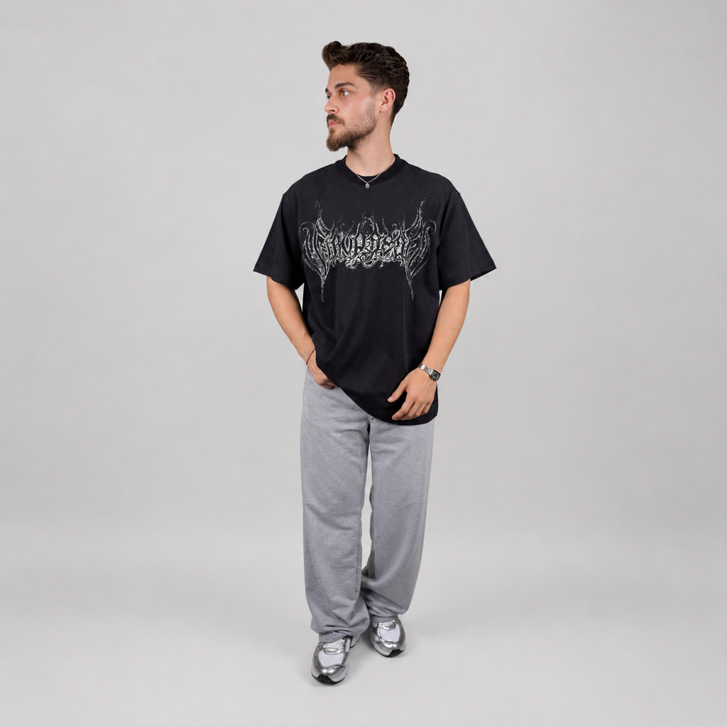 Siyah Yazı Baskılı Oversize T-shirt