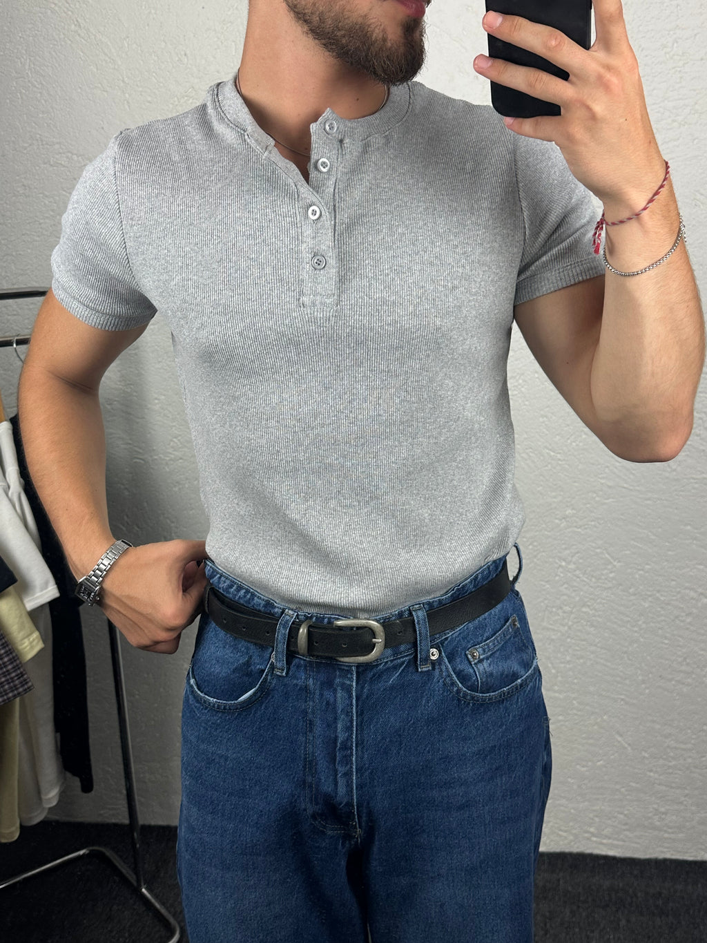 Gri Henley Yaka T-shirt