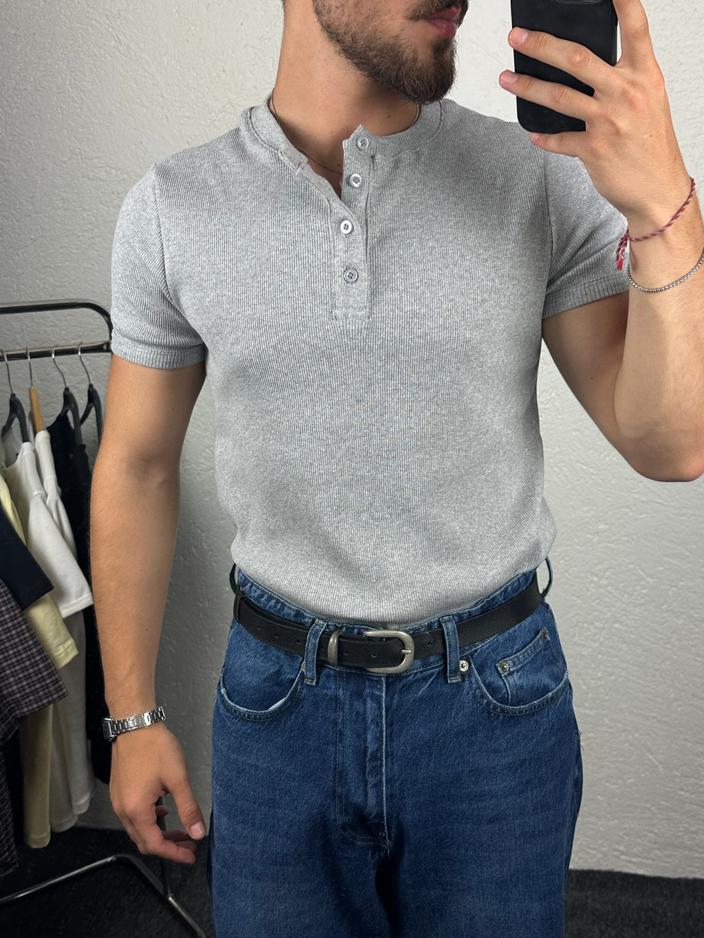 Gri Henley Yaka T-shirt
