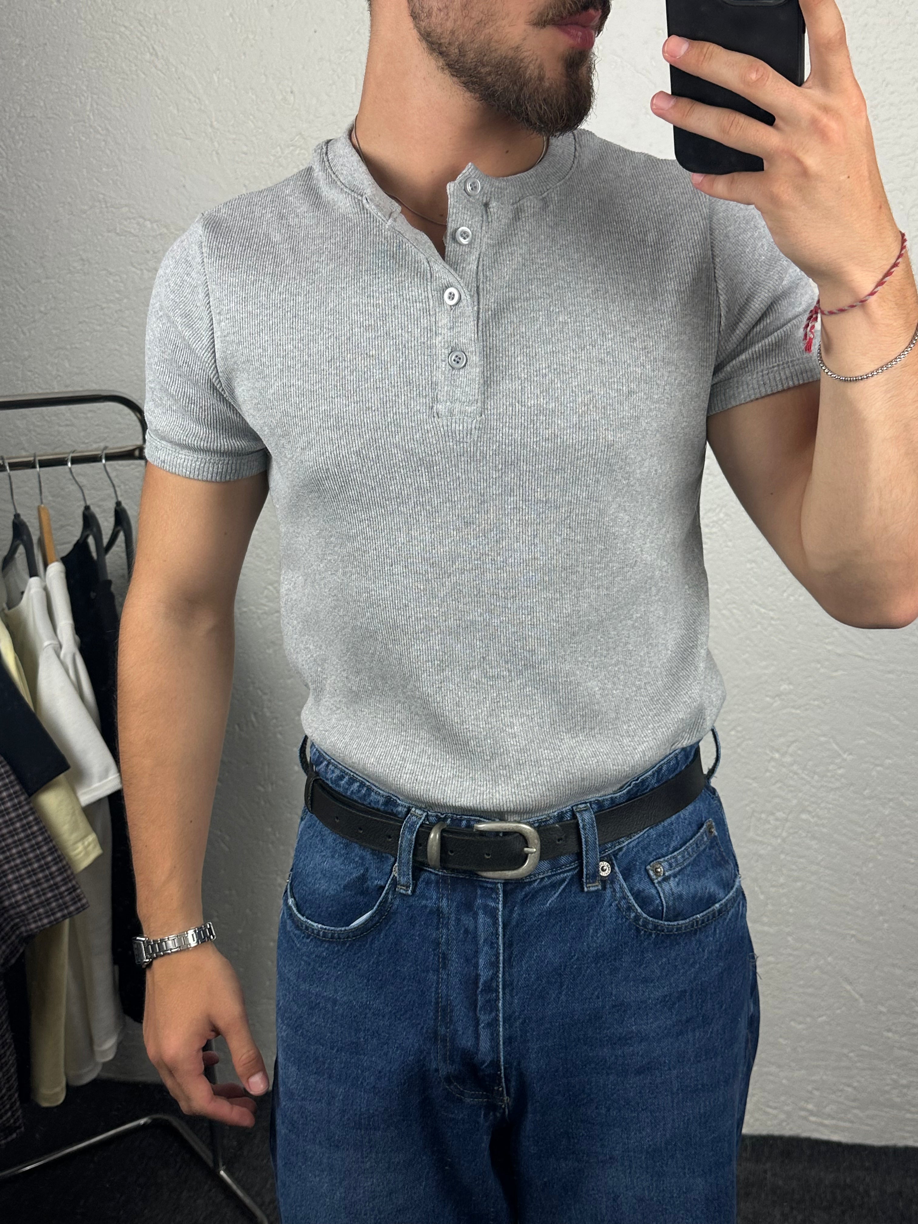 Gri Henley Yaka T-shirt