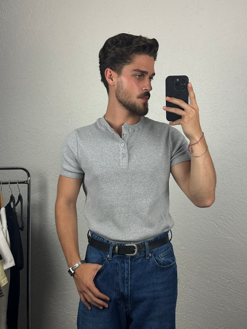 Gri Henley Yaka T-shirt