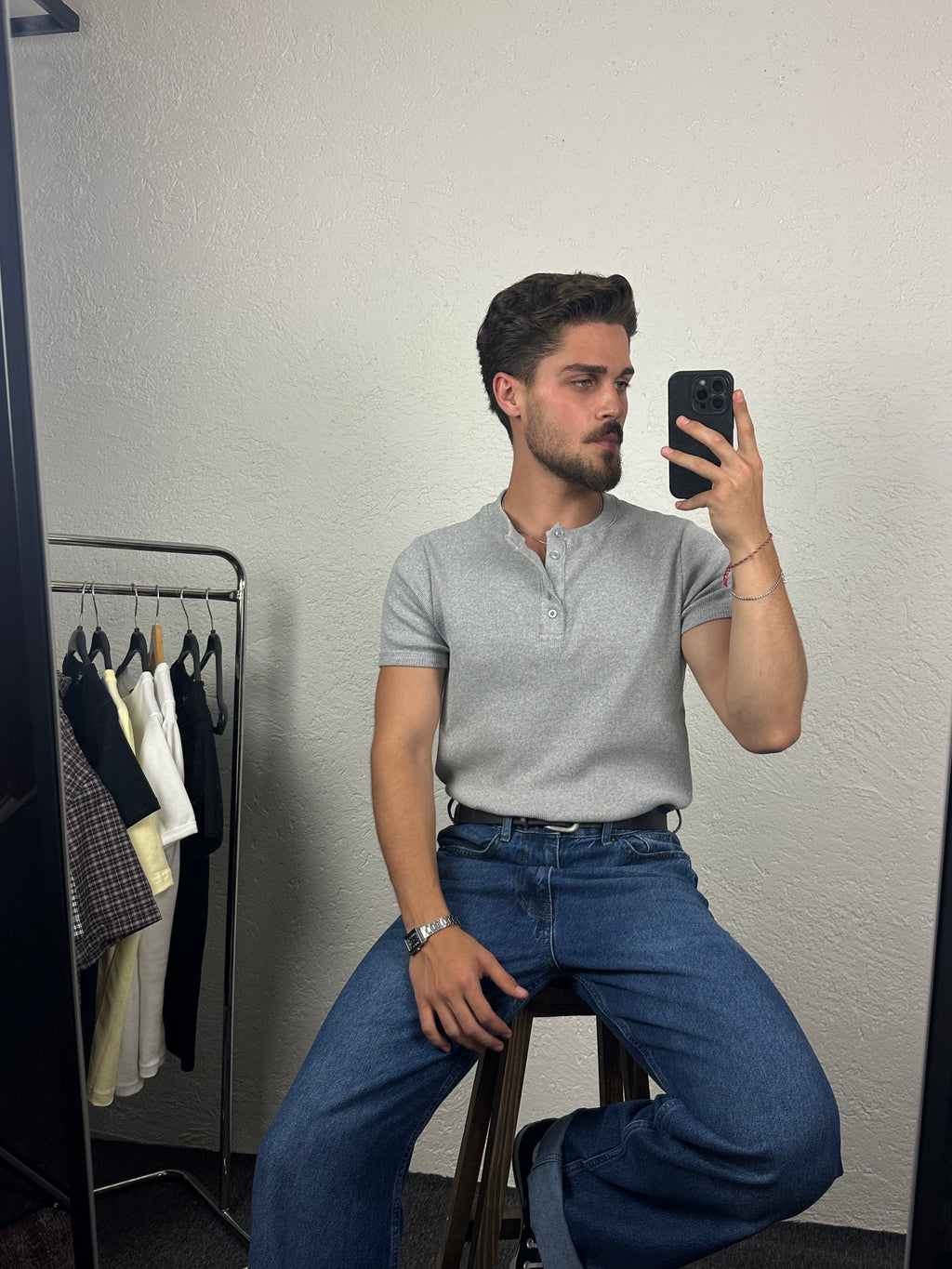 Gri Henley Yaka T-shirt