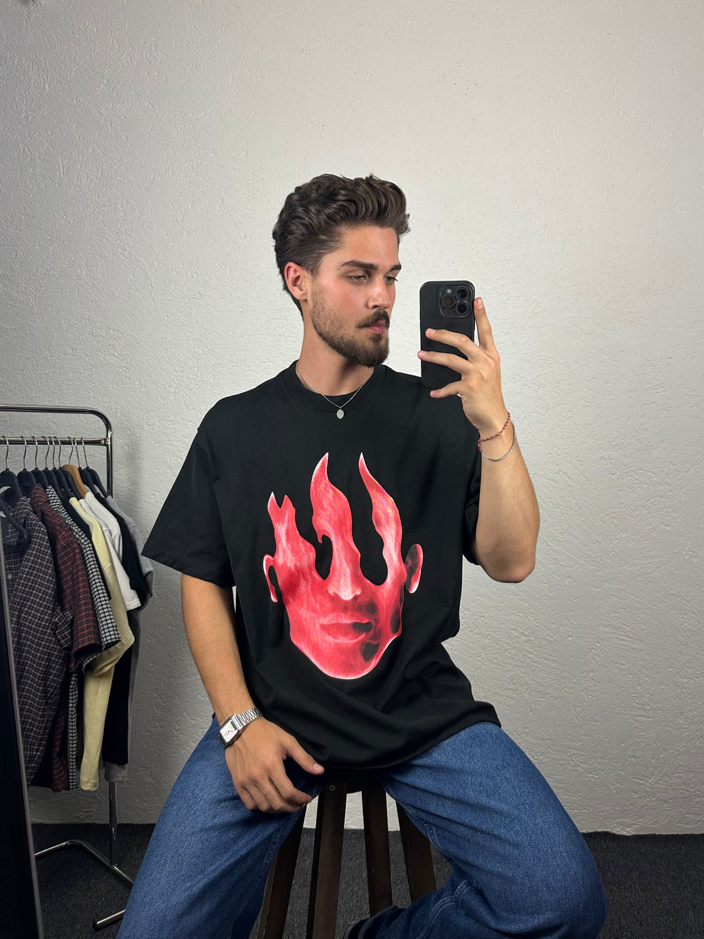 Siyah Fiery Face Oversize Tshirt