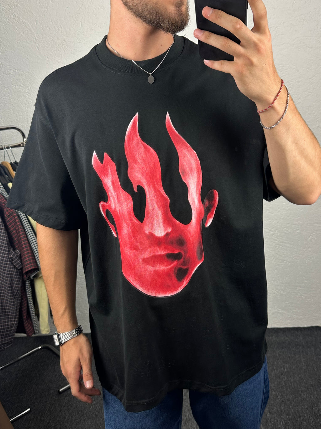 Siyah Fiery Face Oversize Tshirt