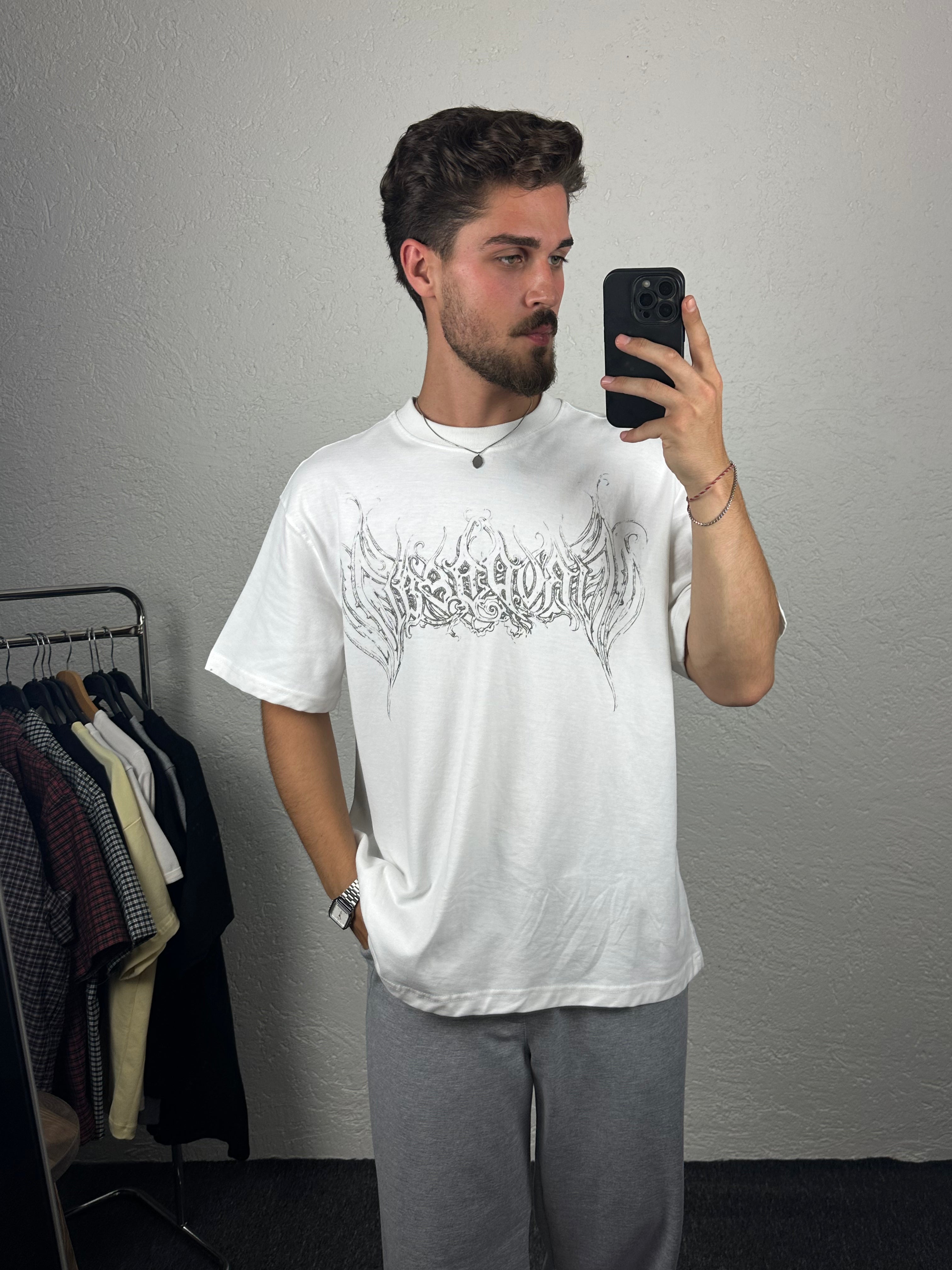 Beyaz Yazı Baskılı Oversize T-shirt