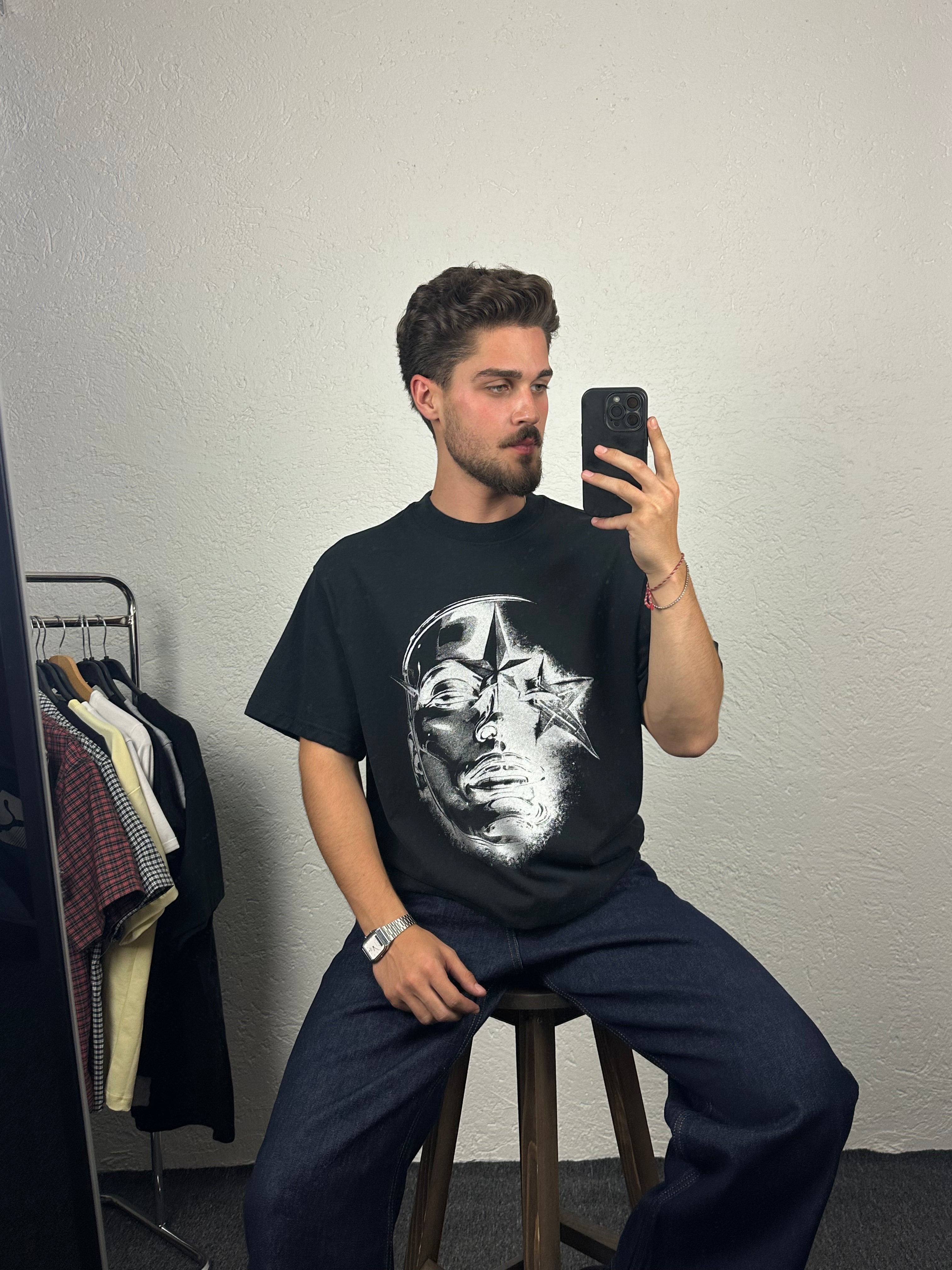 Siyah Star Face Baskılı Oversize T-shirt