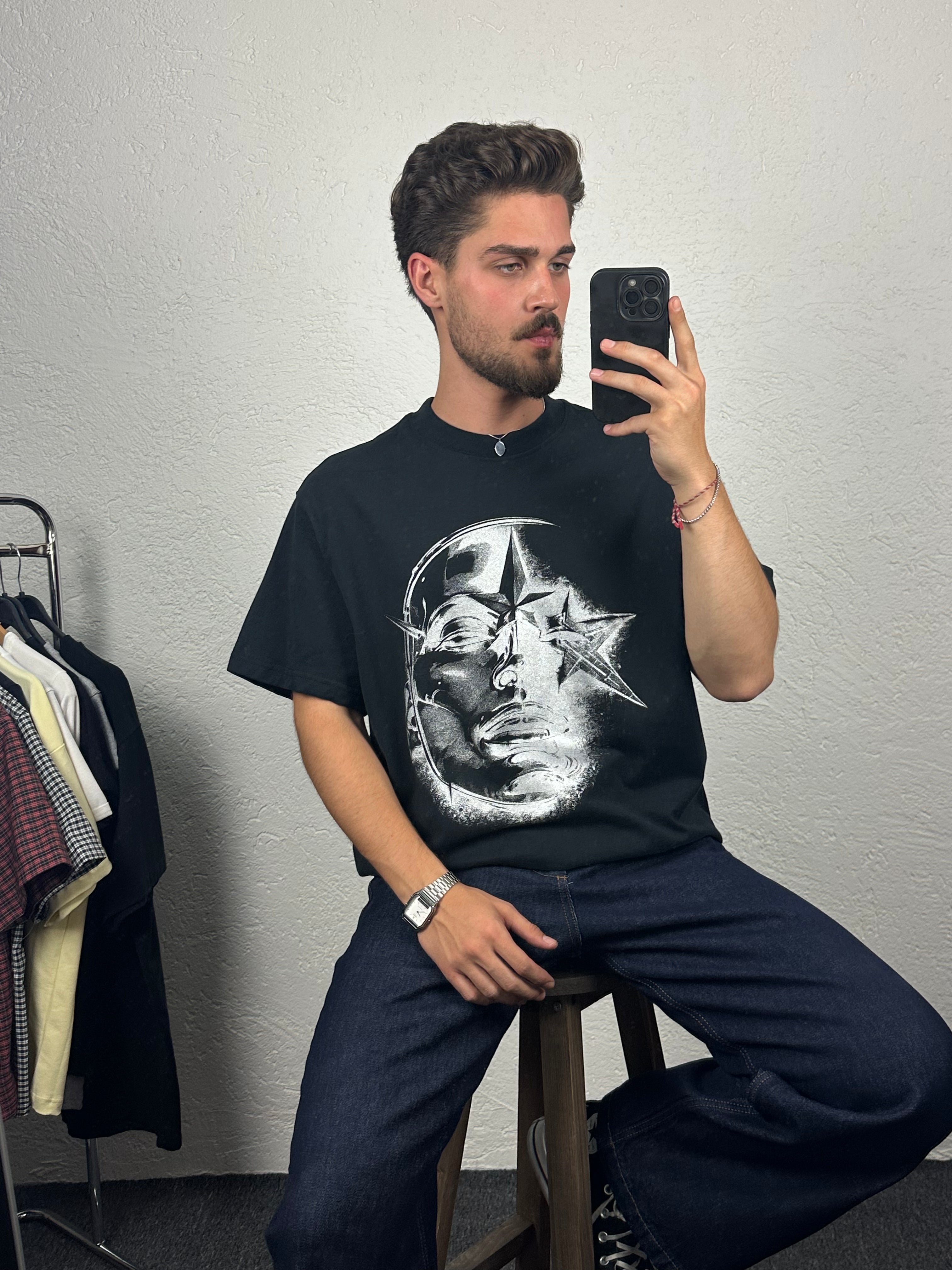 Siyah Star Face Baskılı Oversize T-shirt