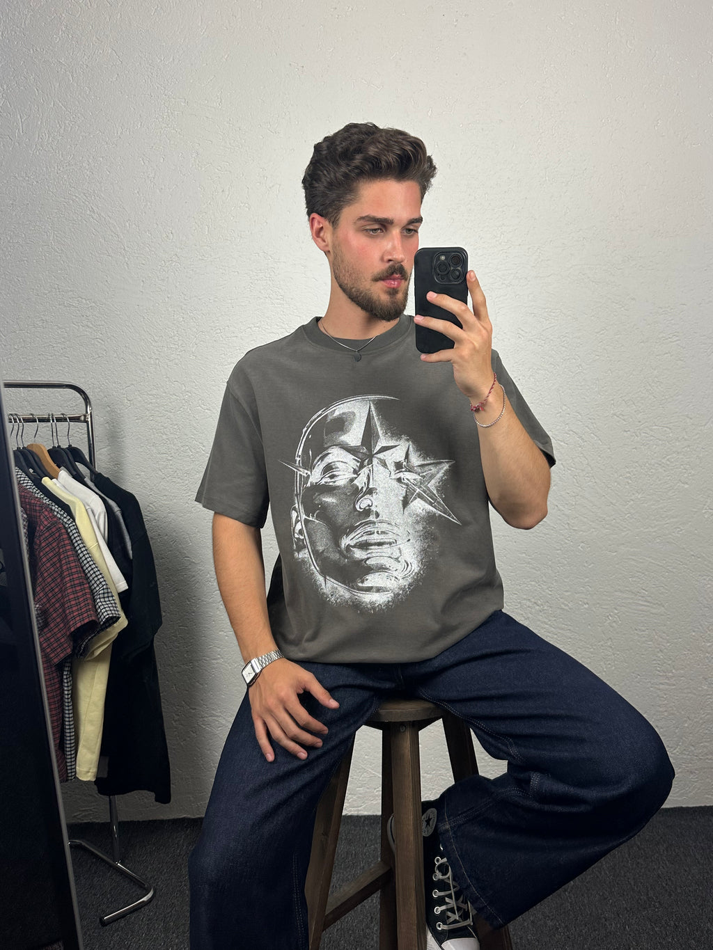 Antrasit Star Face Baskılı Oversize T-shirt
