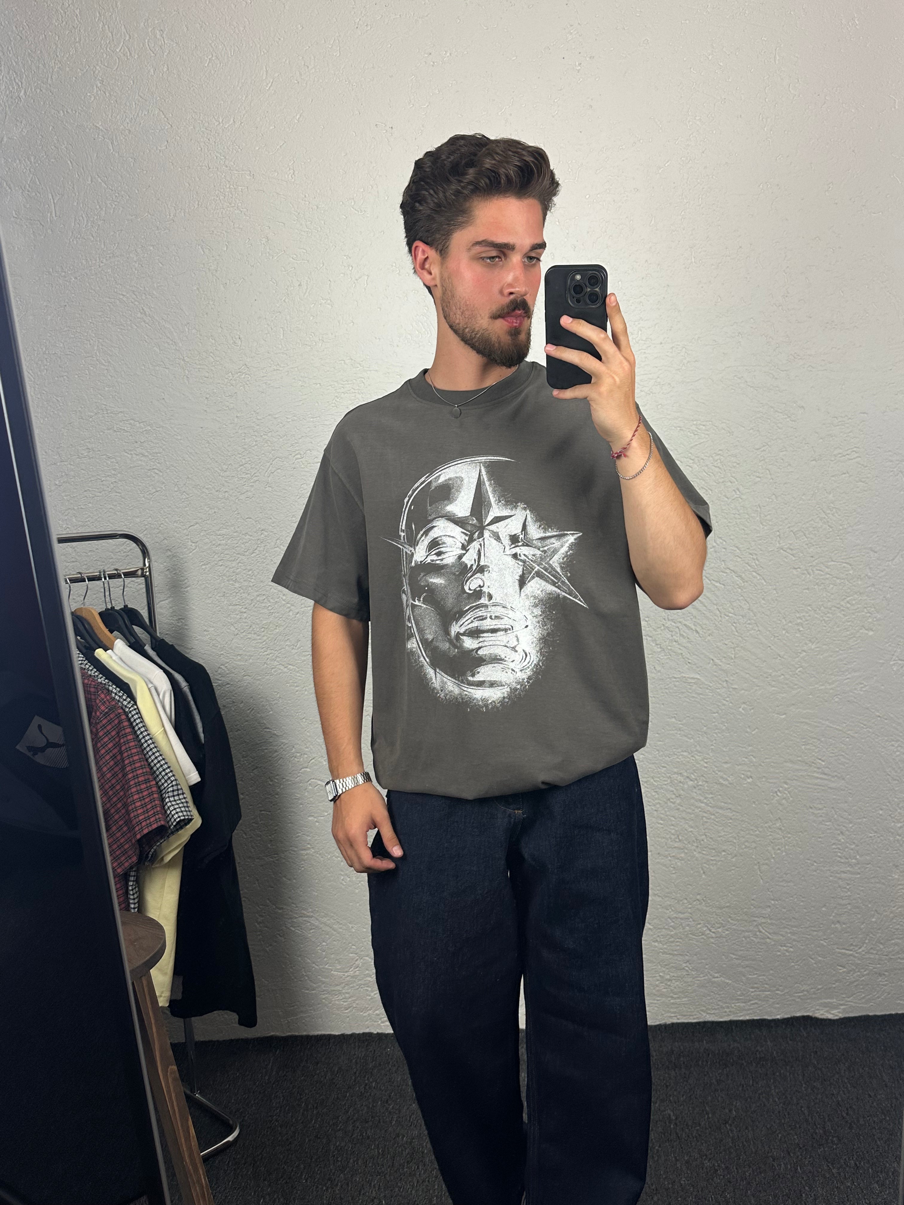 Antrasit Star Face Baskılı Oversize T-shirt