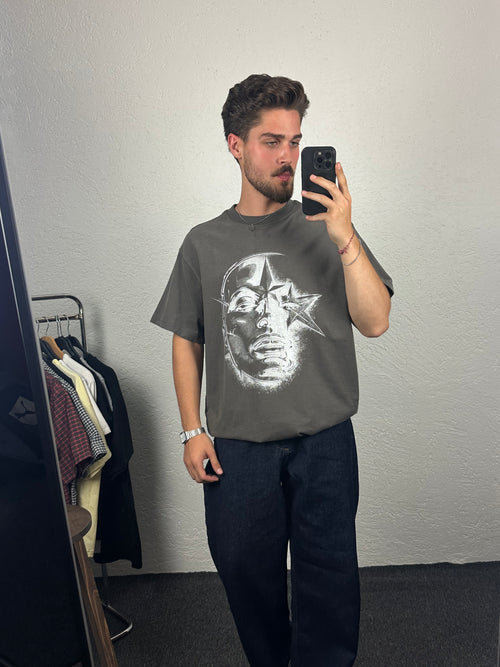 Antrasit Star Face Baskılı Oversize T-shirt