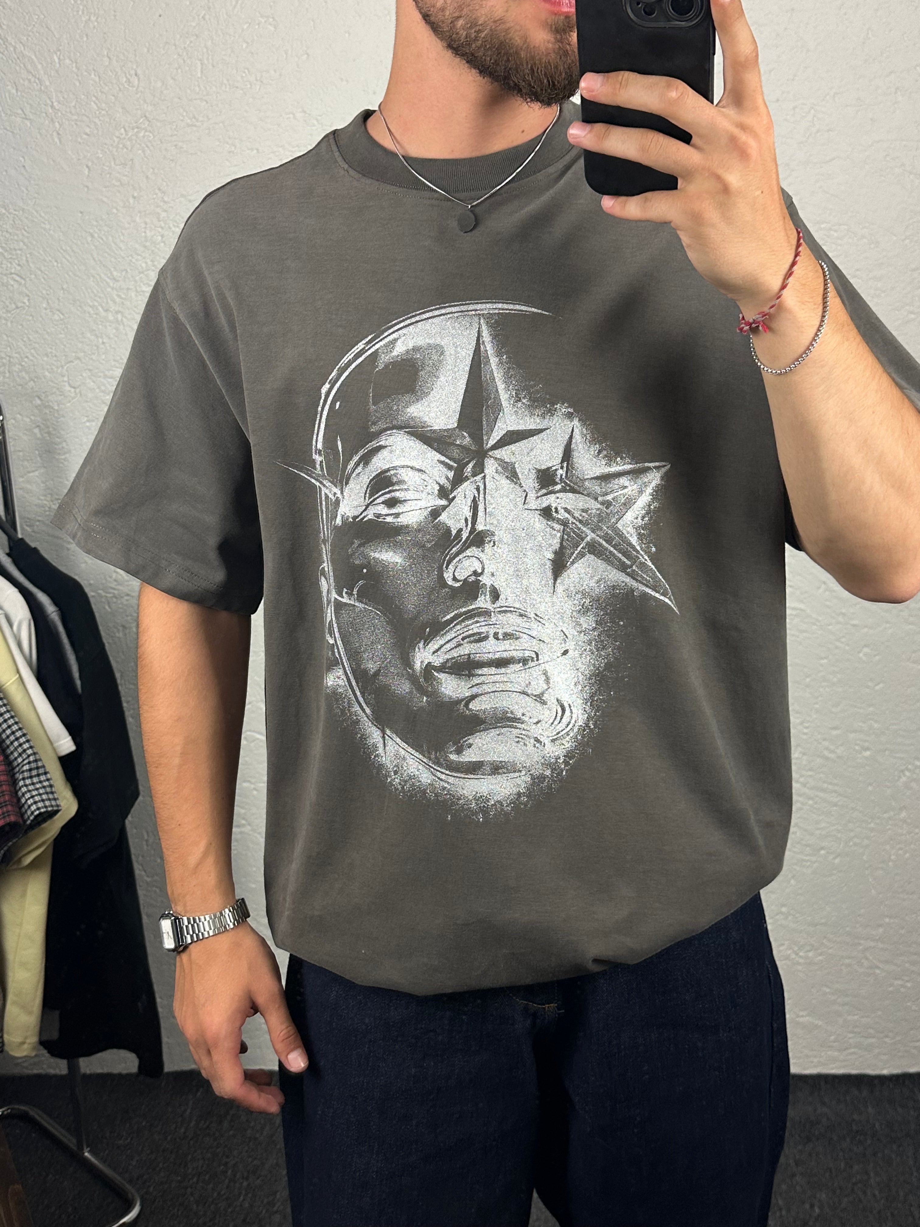 Antrasit Star Face Baskılı Oversize T-shirt