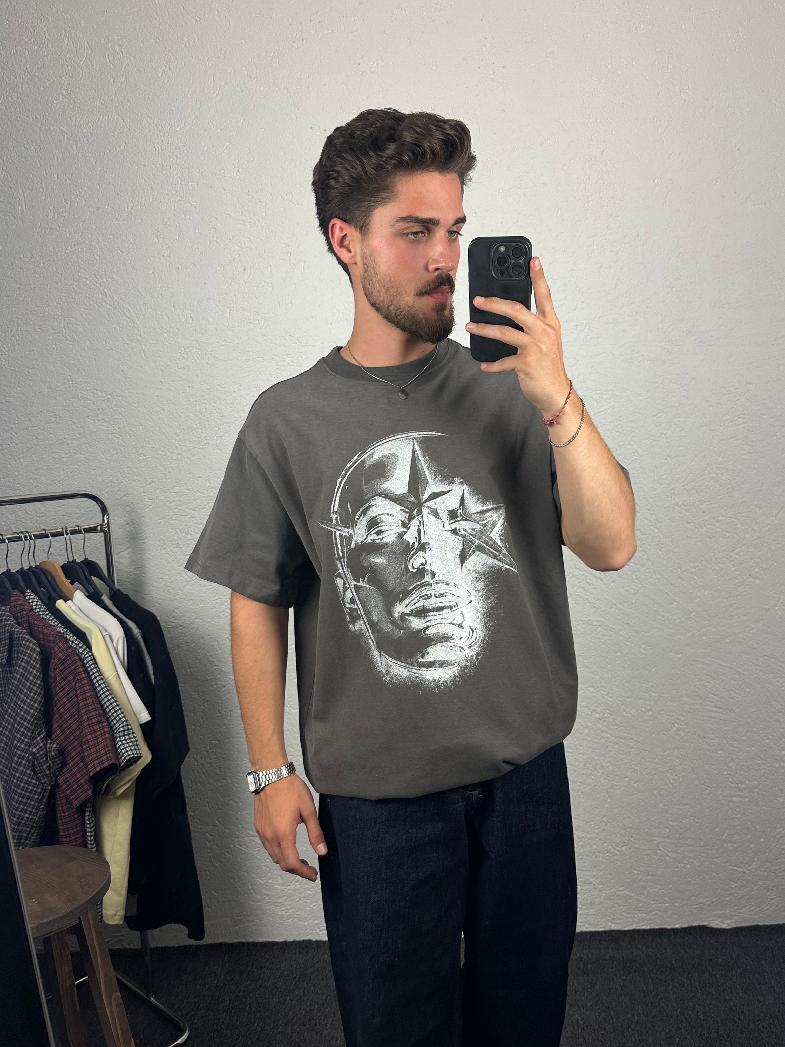 Antrasit Star Face Baskılı Oversize T-shirt