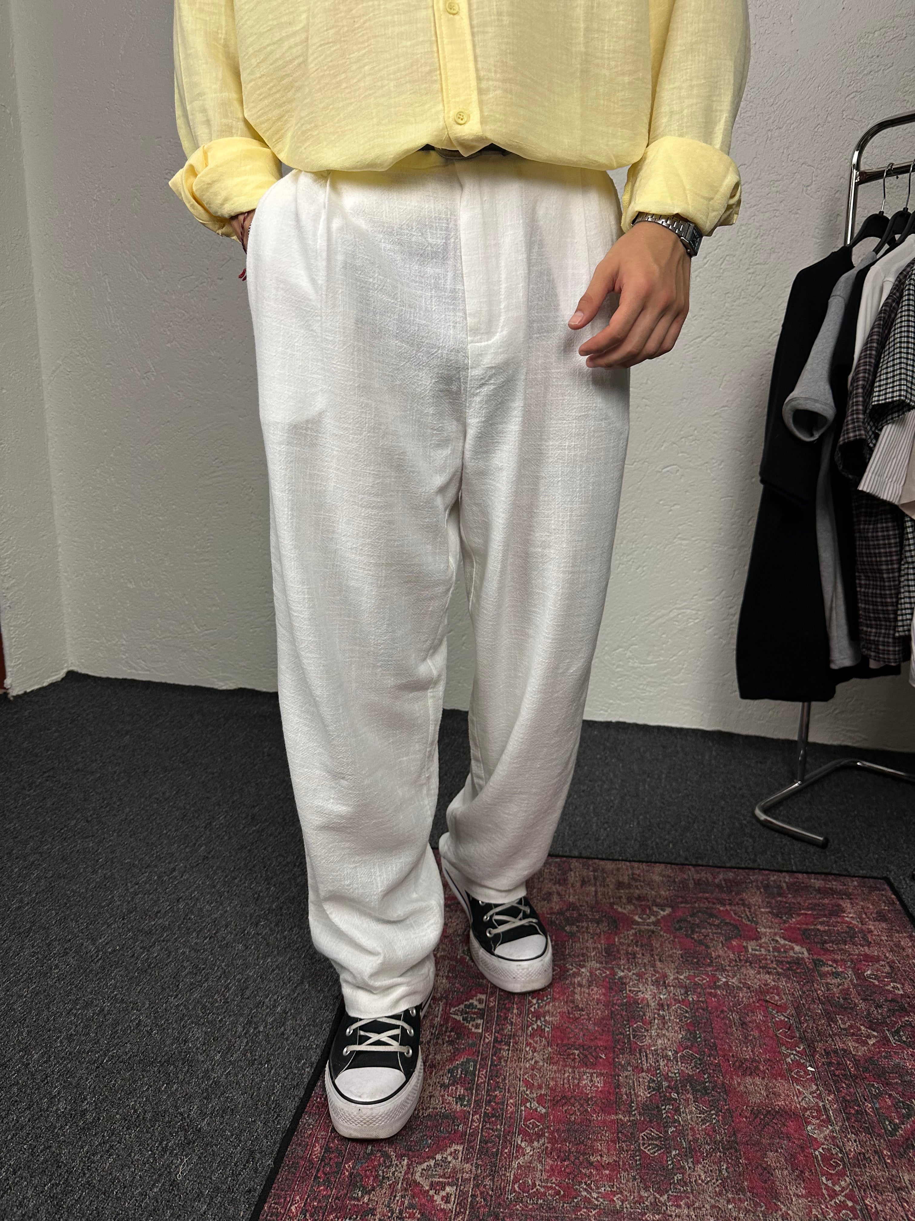 Ekru Keten Baggy Pantolon
