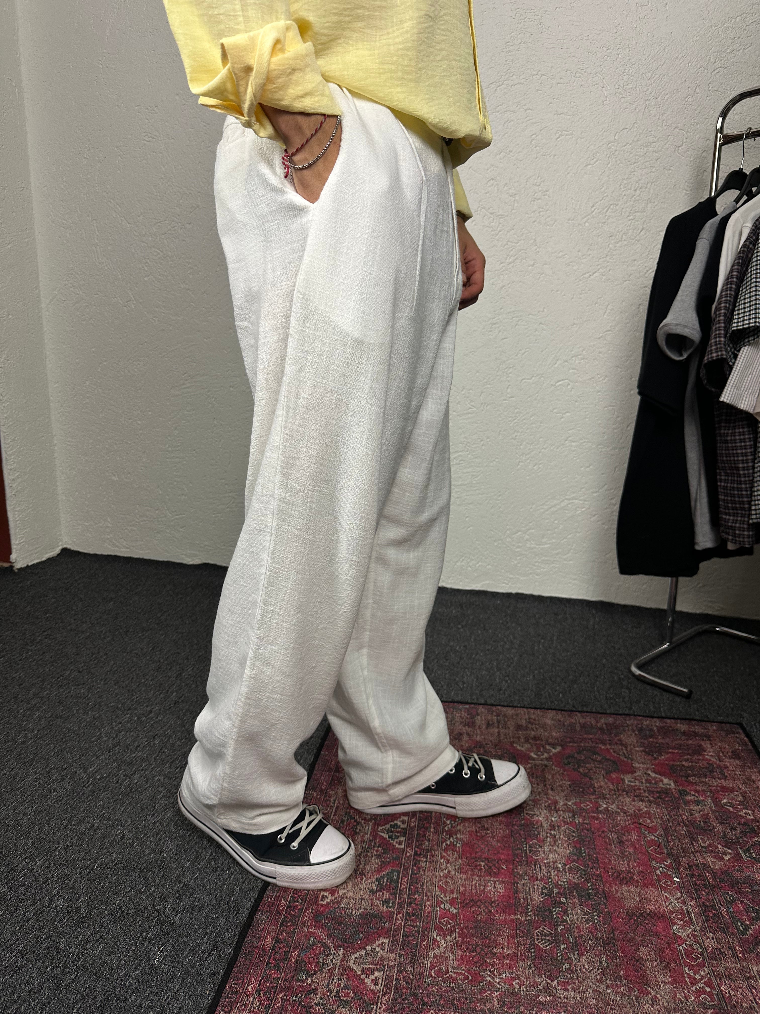 Ekru Keten Baggy Pantolon