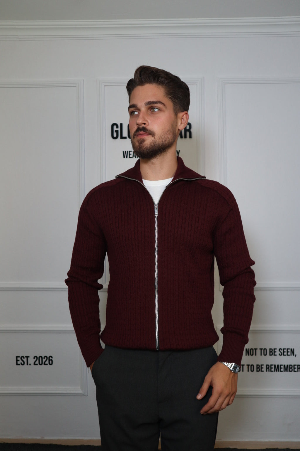 Bordo Çift Fermuar Örgülü Hırka