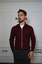 Bordo Çift Fermuar Örgülü Hırka