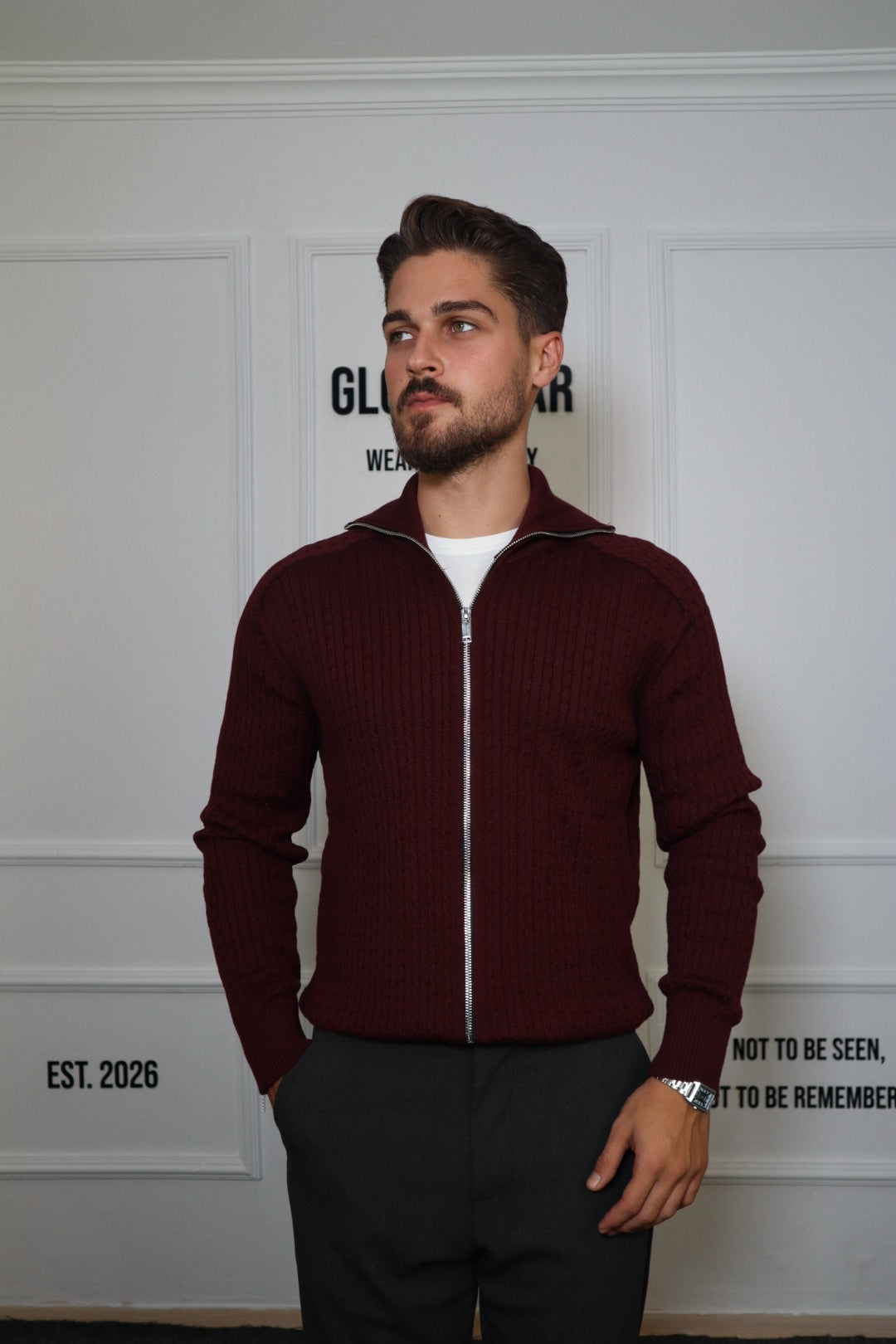Bordo Çift Fermuar Örgülü Hırka